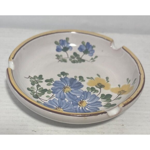 Hand-Painted Ceramic Ashtray With Floral Design & Yellow Trim 4" - Picture 2 of 8